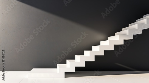A minimalist staircase with a striking black backdrop and white steps for contrast