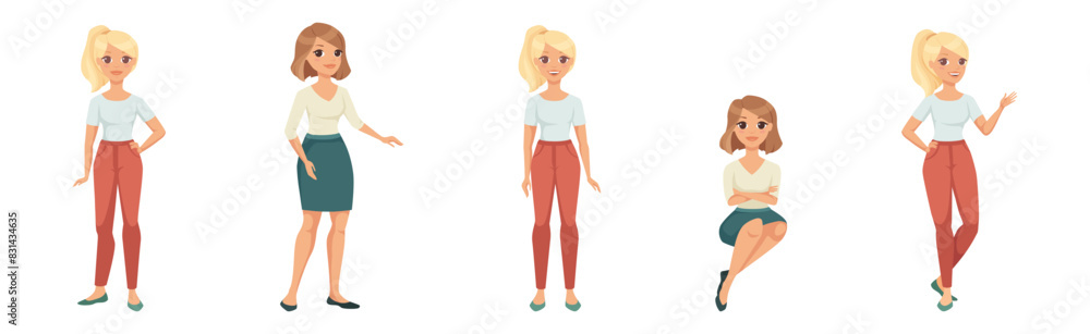 Woman Character in Skirt and Pants in Standing and Sitting Pose Vector Illustration Set Woman Character in Skirt and Pants in Standing and Sitting Pose Vector Illustration Set