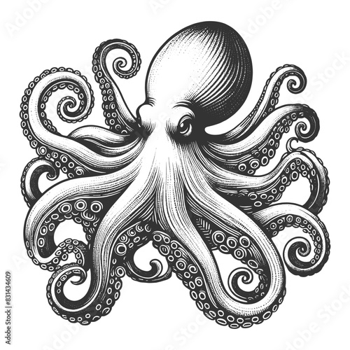 octopus sea animal food with swirling tentacles and suction cups, in a classic engraving style sketch engraving generative ai vector illustration. Scratch board imitation. Black and white image.