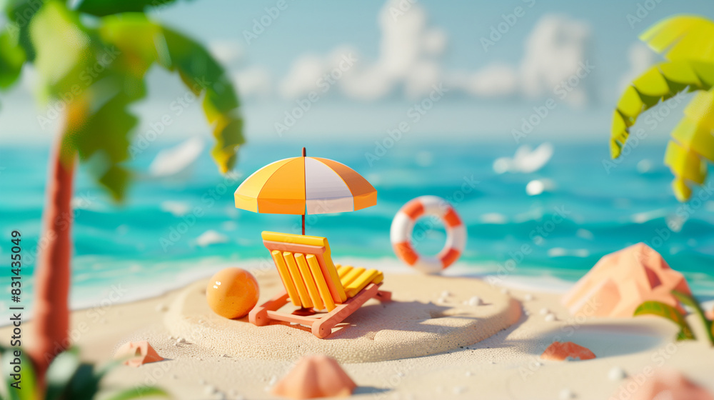 image of a beach hut beach lounger and an umbrella with a ball and a yellow chair on the foot, placed on the round sand in an animated style. Holidays image of a beach hut beach lounger and an umbrella with a ball and a yellow chair on the foot, placed on the round sand in an animated style. Holidays