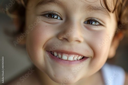 Closeup of a cheerful young child displaying a wide, toothy smile