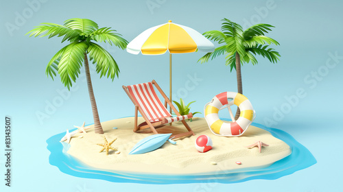 image of a beach hut beach lounger and an umbrella with a ball and a yellow chair on the foot  placed on the round sand in an animated style. Holidays