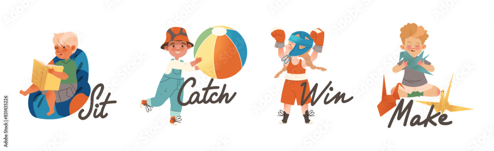Little Boy and Girl Verb Expressing Action for Kids Education Vector Illustration Set
