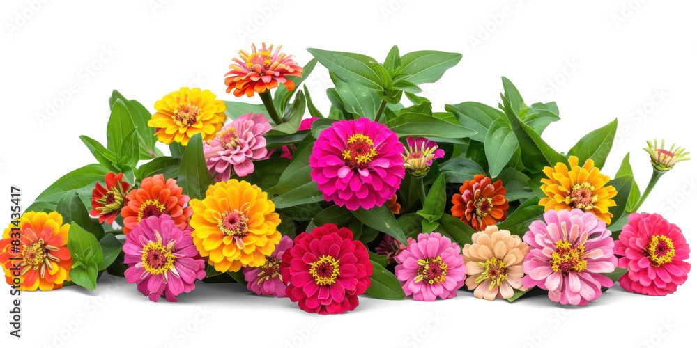 Colourful Flowers Bush of Zinnia Blooms on Transparent Background Colourful Flowers Bush of Zinnia Blooms on Transparent Background
