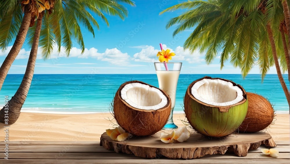 Obraz premium Juicy coconut halves Illustration on a tropical beach against the background of the sea - cocktail, refreshing coconut milk.