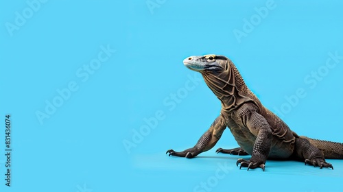 Komodo dragon isolated on blue background  copy space.