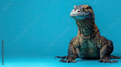 Komodo dragon isolated on blue background  copy space.