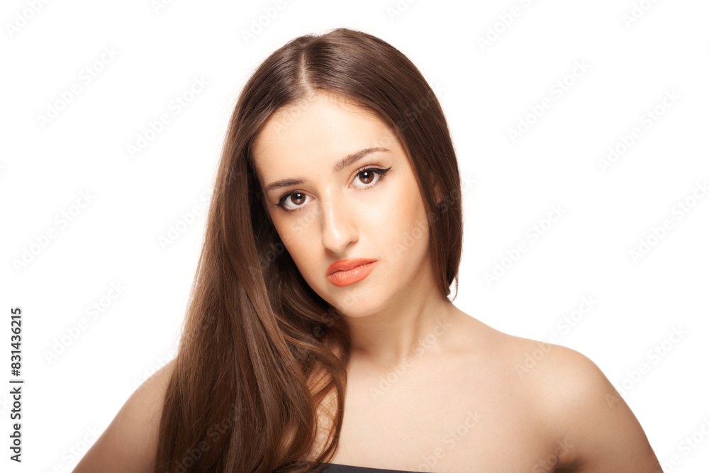 Beautiful girl close up studio portrait against white background. Beautiful girl close up studio portrait against white background.