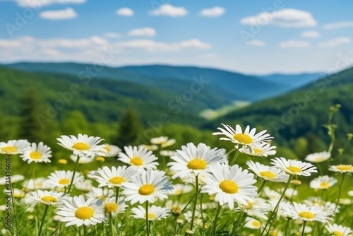 Idyllic countryside landscape with beautiful blooming daisy field in spring and summer