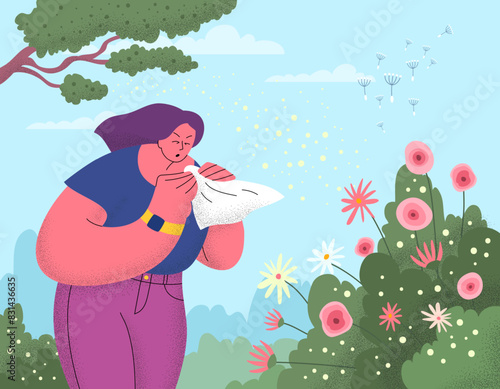 Cartoon Color Character Girl Sneezes into a Handkerchief Allergy Season Concept Flat Design Style. Vector illustration