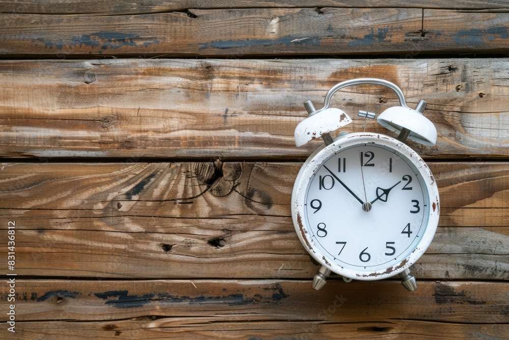 One Time. Spring Forward Concept with White Alarm Clock on Wooden Background One Time. Spring Forward Concept with White Alarm Clock on Wooden Background