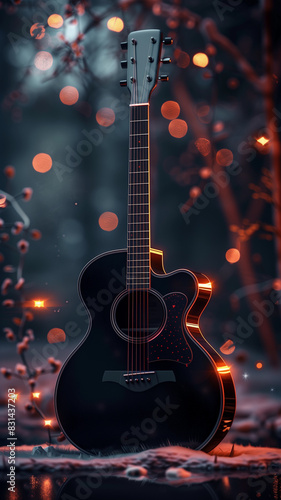 Black Guitar on Cinematic Blurred Background. Musical instrument vertical backdrop. Suitable for banner, poster, social posts.