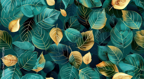Colorful seamless leaves pattern. A seamless pattern featuring teal and gold leaves with intricate vein details on a dark background