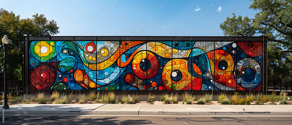 panoramic view of an abstract expressionist mural filled with bold expressive colors and dynamic shapes Panorama Stitching and RealTime Eye AF capture the expansive and emotional nature of the artwork