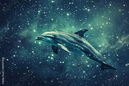 A blue dolphin is flying through the sky above a galaxy