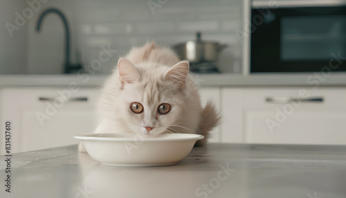 cat asks to eat from an empty bowl against the background of a w photo