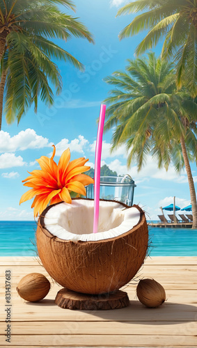 Juicy coconut halves Illustration on a tropical beach against the background of the sea - cocktail  refreshing coconut milk.