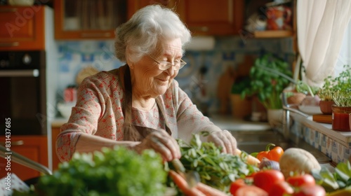 Elderly woman enjoying cooking healthy food in the kitchen with fresh vegetables and greens