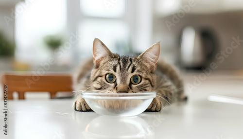 cat asks to eat from an empty bowl against the background of a w © Oleksiy