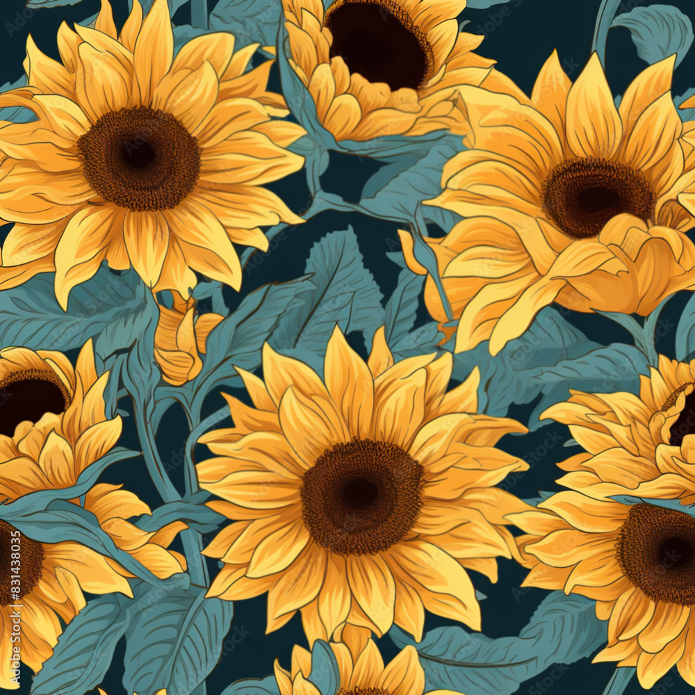 Seamless pattern with yellow sunflowers, Seamless pattern with yellow sunflowers,