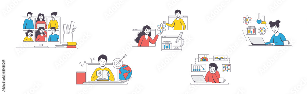 Online Learning with Man and Woman Student and Instructor Engaged in Virtual Classes Outline Vector Set