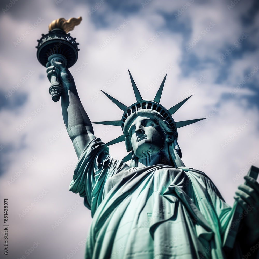 Fototapeta premium The Statue of Liberty with the US flag in the background. Generative AI.