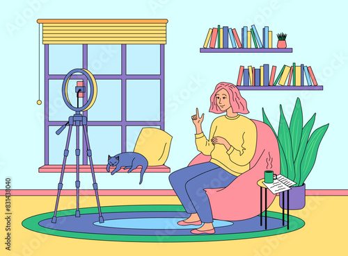 Cartoon Color Character Girl and Home Video Blogger Concept Flat Design Style. Vector illustration of Video Streaming Podcast