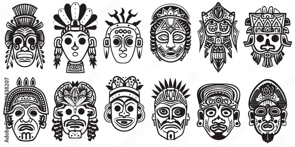 Mask Graphic. Ethnic Tribal Design with Hand Drawn Maya Faces and Ornaments