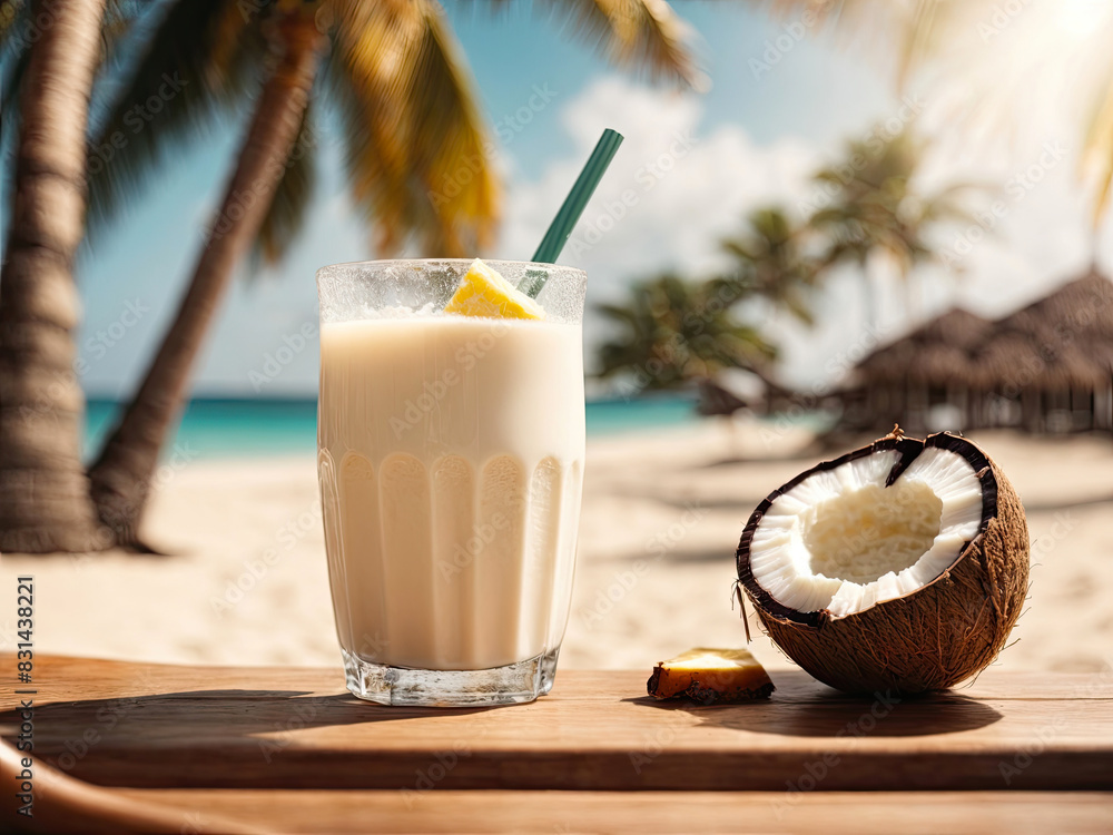 Juicy coconut halves on a tropical beach against the background of the sea - cocktail, refreshing coconut milk. Juicy coconut halves on a tropical beach against the background of the sea - cocktail, refreshing coconut milk.