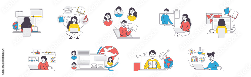 Online Learning with Man and Woman Student and Instructor Engaged in Virtual Classes Outline Vector Set Online Learning with Man and Woman Student and Instructor Engaged in Virtual Classes Outline Vector Set