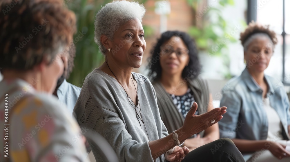 Mature woman leading an interactive community workshop, inspiring learning and participant growth Mature woman leading an interactive community workshop, inspiring learning and participant growth