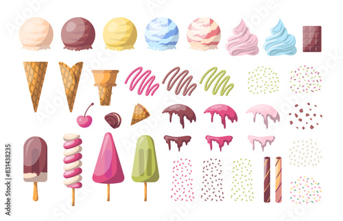 Cartoon Color Ice Cream Constructor Different Element Set Flat Design Style. Vector illustration of Summer Dessert Concept