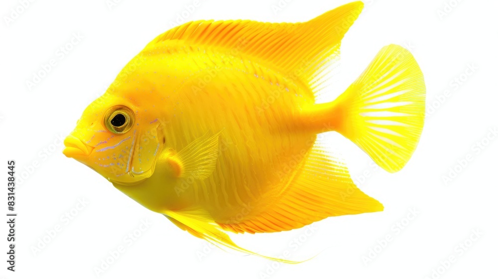 Tropical Fish Color. Isolated Yellow Tang Fish on White Background in Bright Tropical Aquarium Setting Tropical Fish Color. Isolated Yellow Tang Fish on White Background in Bright Tropical Aquarium Setting