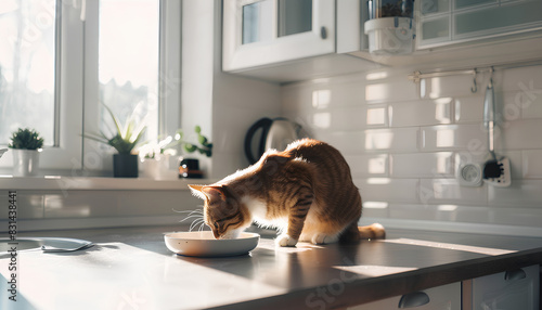 cat asks to eat from an empty bowl against the background of a w photo