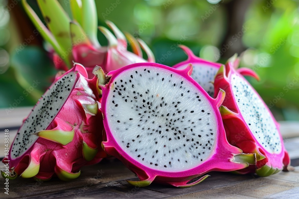 Vibrant dragon fruit halves on a wooden surface with a natural backdrop Vibrant dragon fruit halves on a wooden surface with a natural backdrop