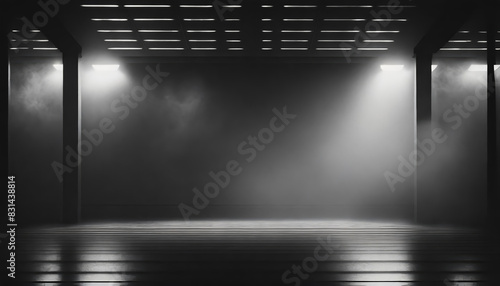 Underground background with smoke and lights, black and white