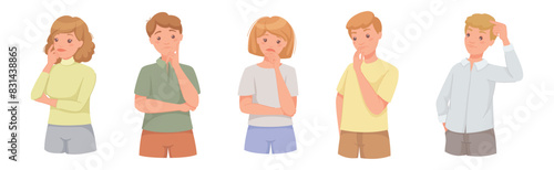 Pensive People Character Scratching Head Thinking and Considering Something Vector Set