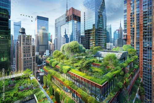 Sustainable Urban Cityscape with Rooftop Gardens and Green Walls for Eco-Friendly Architecture and Urban Planning