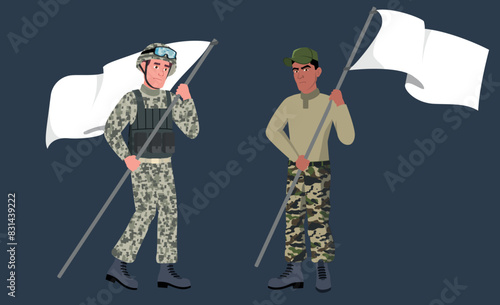 Soldiers with the white flag. Surrender. Losing the war
