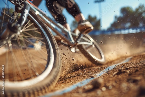 Dynamic BMX Racing Wheel Kicking Up Dirt on Olympic Track - Action Sports Photography photo