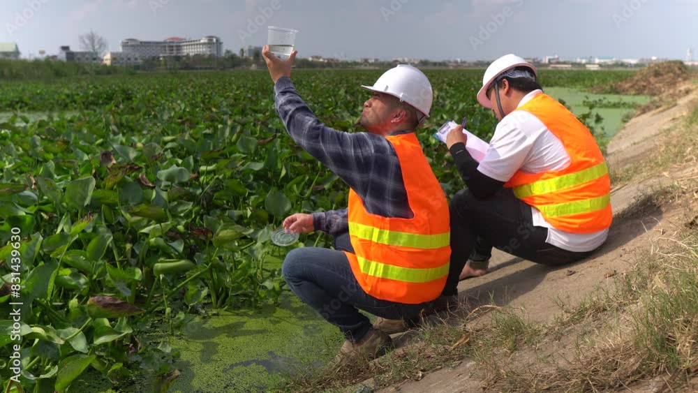 Environmental engineers and scientists inspecting water quality before treatment for potable use,checking water pollution,testing contaminants,collecting water samples for lab analysis to ensure safe