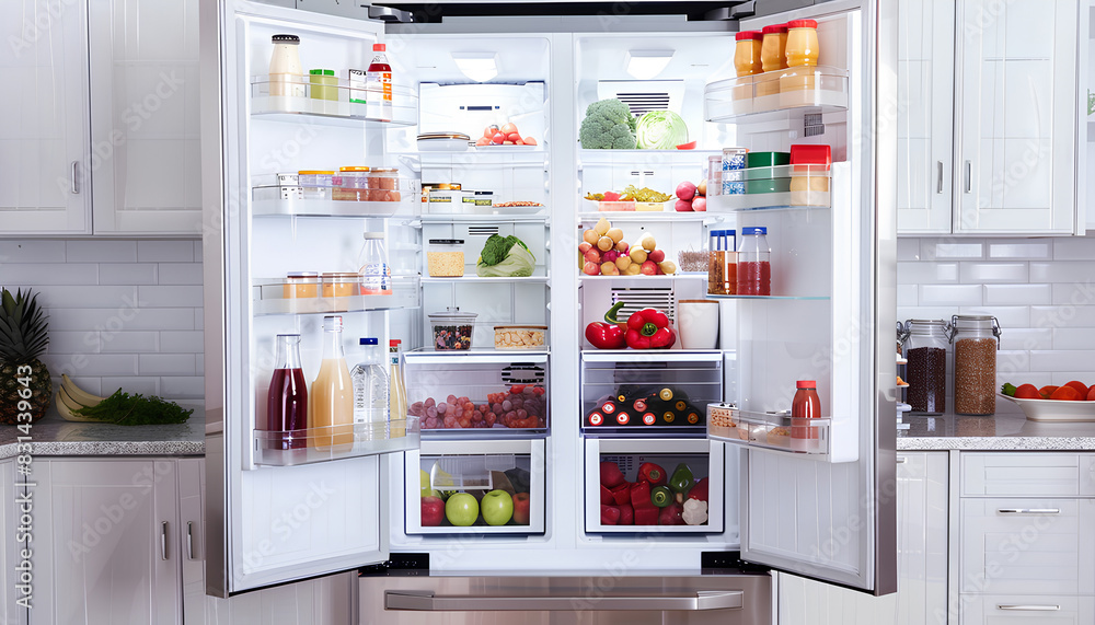 large open refrigerator filled with food in white kitchen large open refrigerator filled with food in white kitchen