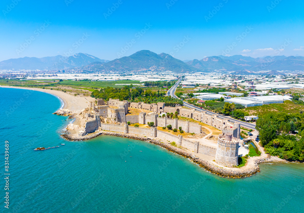 Aerial view of the Mamure Castle or Anamur Castle in Anamur Town, Turkey