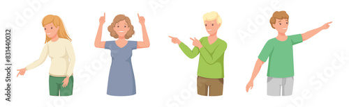 People Character Indicating Something Pointing with Index Finger as Hand Gesture Specifying Direction Vector Set