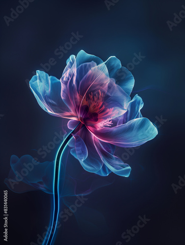 A flower with a blue stem and purple petals. Transparent neon flower on a dark background