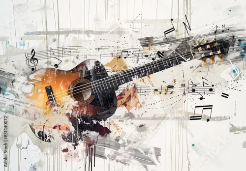 Obraz Modern art collage featuring a sketched acoustic guitar and music notes on a light background, symbolizing music, creativity, inspiration, and imagination. Perfect for greeting cards or magazine cover