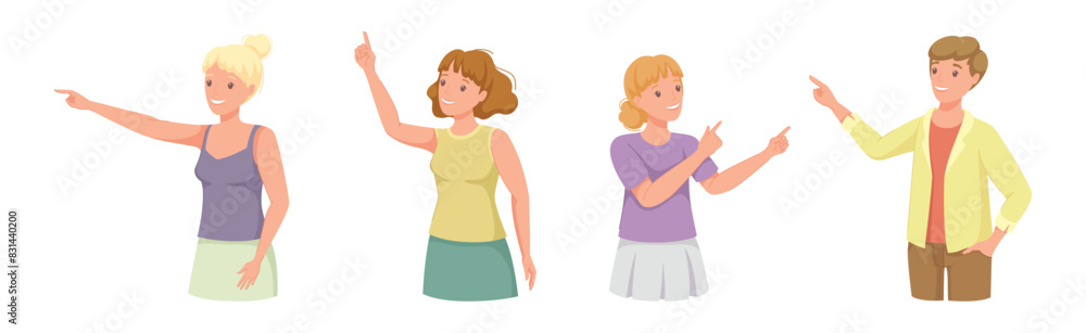 People Character Indicating Something Pointing with Index Finger as Hand Gesture Specifying Direction Vector Set