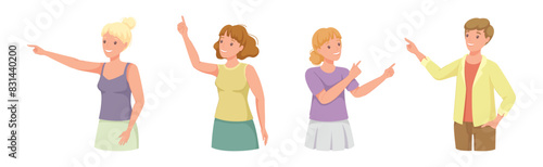 People Character Indicating Something Pointing with Index Finger as Hand Gesture Specifying Direction Vector Set