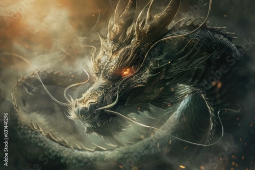 Digital artwork of a powerful dragon emerging from mist with glowing eyes photo