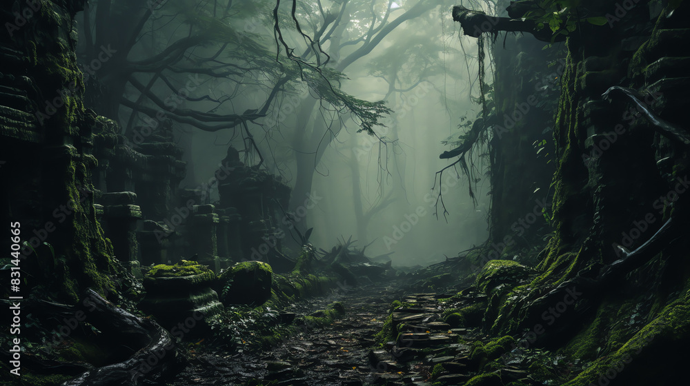 a dark and misty forest with large trees, green moss, and a stream running through the middle
